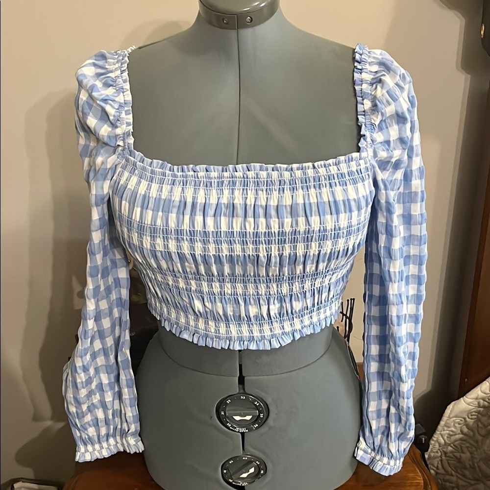 Storia Blue and White Puff Sleeve Smocked Blouse